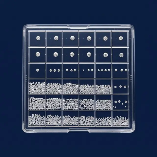 Calibrated diamonds sorted by size in a precision sorting tray